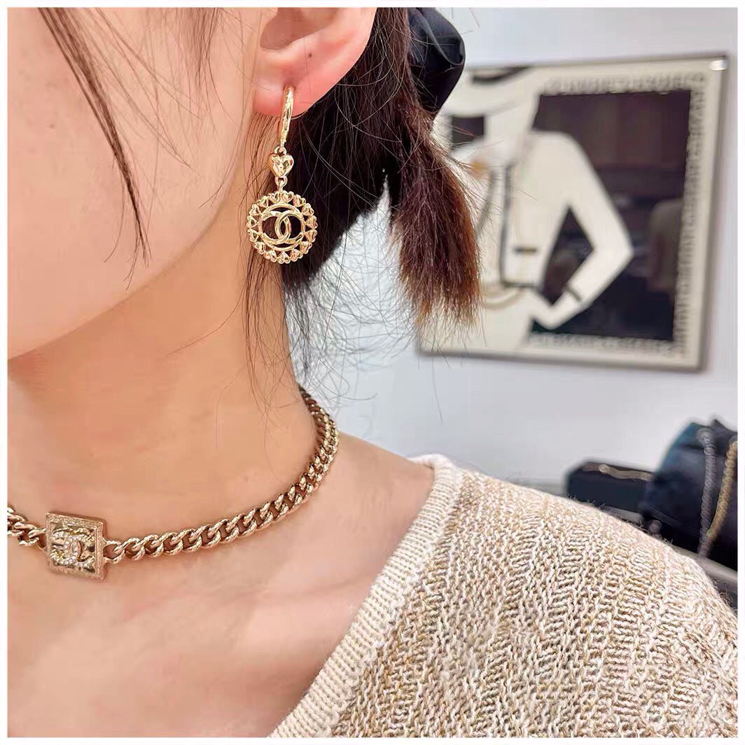 Chanel Double C Multi Heart Gold Drop Earrings