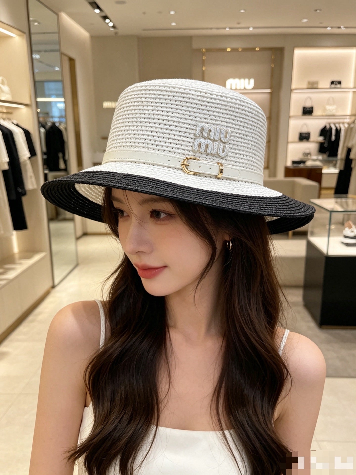 MIU MIU Raffia Straw Boater Hat
