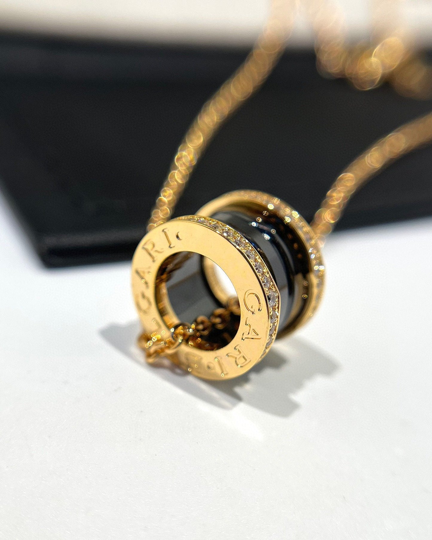 BVLGARI ZERO 1 BLACK CERAMIC DIAMOND PINK GOLD NECKLACE